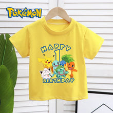 Load image into Gallery viewer, Gelbes Happy Birthday Pokemon T-Shirt mit Alter für Kinder
