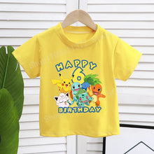 Load image into Gallery viewer, Gelbes Happy Birthday Pokemon T-Shirt mit Alter für Kinder
