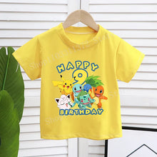 Load image into Gallery viewer, Gelbes Happy Birthday Pokemon T-Shirt mit Alter für Kinder
