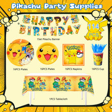 Lade das Bild in den Galerie-Viewer, Pikachu Kindergeburtstags Set mit Tellern, Bechern, Banner uvm. 114 Teile
