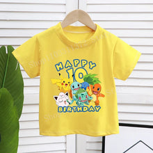 Load image into Gallery viewer, Gelbes Happy Birthday Pokemon T-Shirt mit Alter für Kinder
